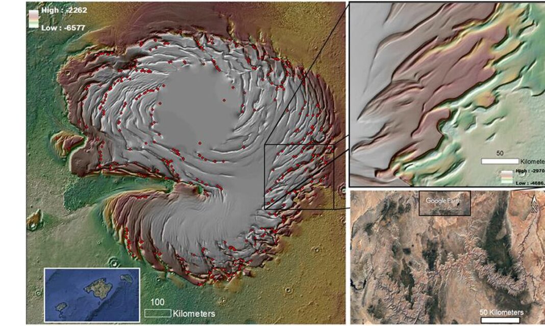 Modelo digital de elevaciones del casquete polar norte de Marte mostrando el sistema de cañones espirales.