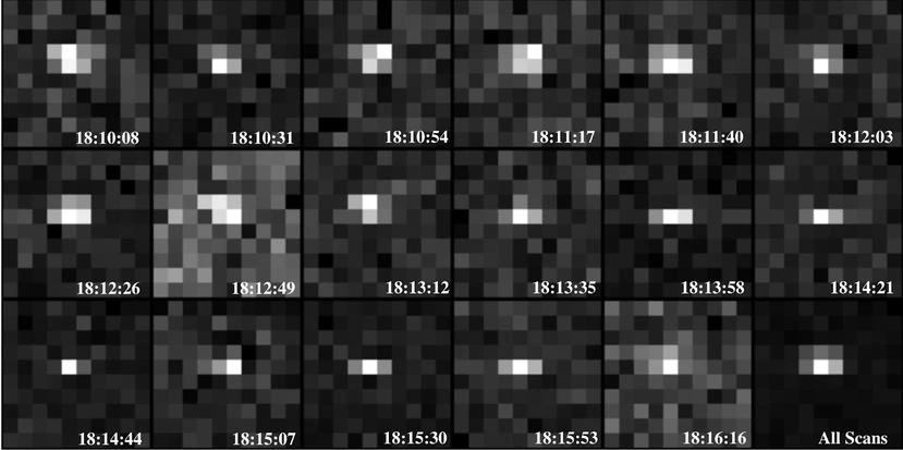 Portée du radar planétaire de l'Observatoire d'Arecibo : images Doppler de chaque balayage (1-17, de gauche à droite et de haut en bas) et de la somme des 17 balayages (encart en bas à droite) en utilisant 0,5 microseconde en baud à une résolution de 75 mètres par pixel en portée et 15,3 Hertz en Doppler.